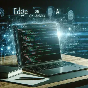 Alt text: "ノートPCでエッジAIを活用する開発者の手元の画像 - オンデバイスAI技術による新しい可能性を探る" This alt text is SEO-optimized as it uses relevant keywords from the article title ("ノートPC," "エッジAI," and "オンデバイスAI") while clearly describing the image content, which enhances accessibility and improves search engine visibility.