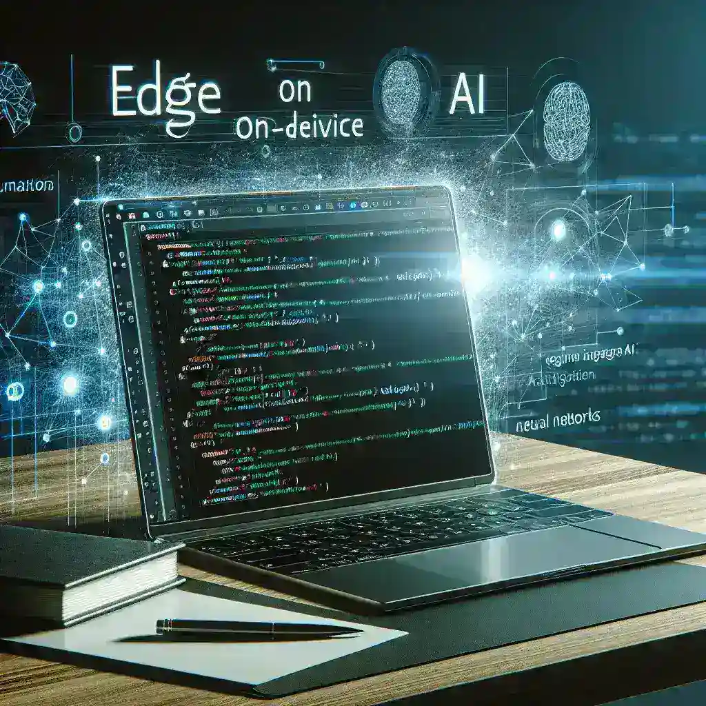 Alt text: "ノートPCでエッジAIを活用する開発者の手元の画像 - オンデバイスAI技術による新しい可能性を探る" This alt text is SEO-optimized as it uses relevant keywords from the article title ("ノートPC," "エッジAI," and "オンデバイスAI") while clearly describing the image content, which enhances accessibility and improves search engine visibility.