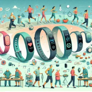 "ウェアラブルデバイスの進化を示す画像、健康管理への影響を強調する最新テクノロジーとユーザーの健康生活を向上させる様子"