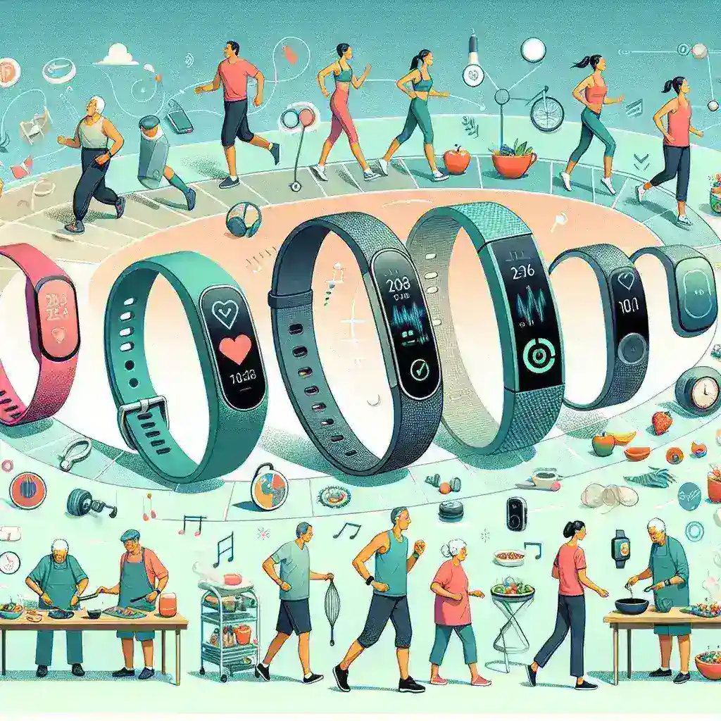 "ウェアラブルデバイスの進化を示す画像、健康管理への影響を強調する最新テクノロジーとユーザーの健康生活を向上させる様子"