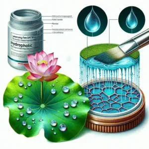 "ハスの葉に触れる水滴 - 水をはじき、汚れを落とす最新構造色塗料の開発を象徴する画像"